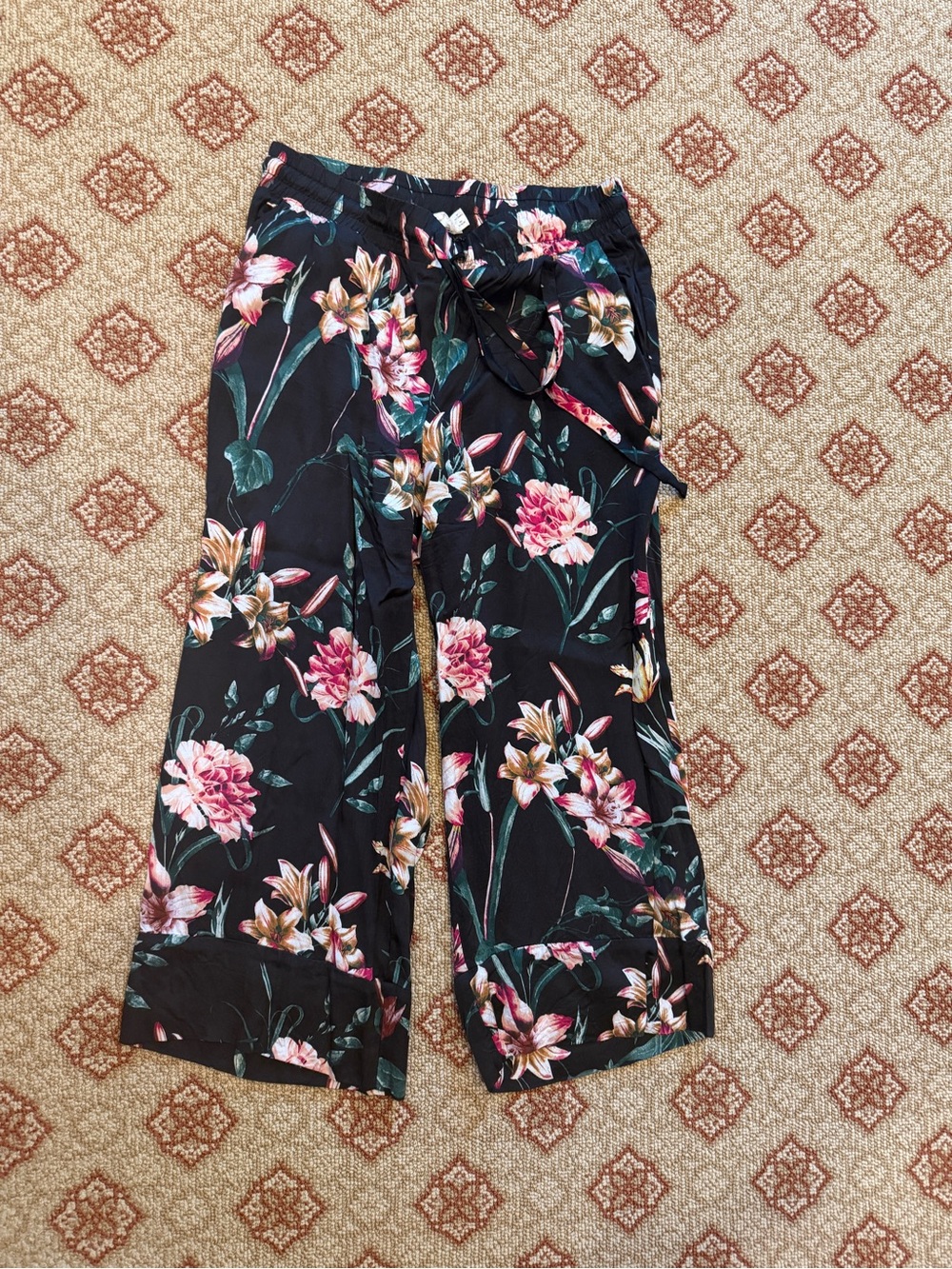 Nation LTD Black Floral Tie-Waist Wide Leg Pants with Pink and Cream Blooms